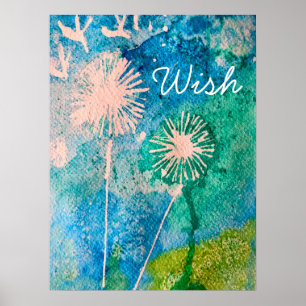 Poster Dandelion aquarelle souhait abstrait bleu et vert