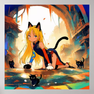 Poster d'Anime Mystical Neko Girl & Kittens