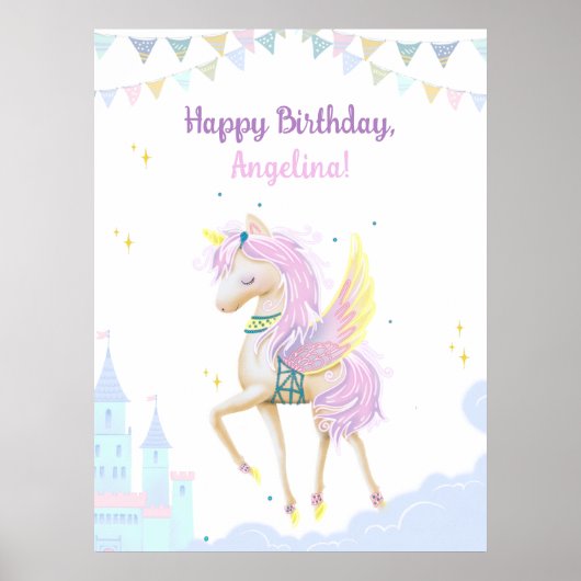 Poster d'anniversaire avec une adorable licorne. (Devant)