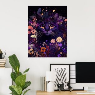 Poster d'anniversaire de chats floraux violets