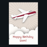 Poster d'anniversaire de l'avion rouge<br><div class="desc">Une affiche d'anniversaire illustrant un avion blanc à rayures rouges survolant les nuages au-dessus d'un arrière - plan d'un coup de soleil. Des invitations à des fêtes d'anniversaire,  des autocollants et d'autres sont disponibles à Jill's Paperie.</div>