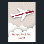 Poster d'anniversaire de l'avion rouge<br><div class="desc">Une affiche d'anniversaire illustrant un avion blanc à rayures rouges survolant les nuages au-dessus d'un arrière - plan d'un coup de soleil. Des invitations à des fêtes d'anniversaire,  des autocollants et d'autres sont disponibles à Jill's Paperie.</div>