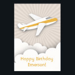 Poster d'anniversaire d'un avion orange<br><div class="desc">Une affiche d'anniversaire illustrant un avion blanc à rayure orange survolant les nuages au-dessus d'un arrière - plan qui a fait irruption au soleil. Des invitations à des fêtes d'anniversaire,  des autocollants et d'autres sont disponibles à Jill's Paperie.</div>