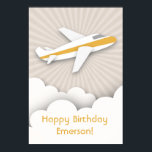 Poster d'anniversaire d'un avion orange<br><div class="desc">Une affiche d'anniversaire illustrant un avion blanc à rayure orange survolant les nuages au-dessus d'un arrière - plan qui a fait irruption au soleil. Des invitations à des fêtes d'anniversaire,  des autocollants et d'autres sont disponibles à Jill's Paperie.</div>