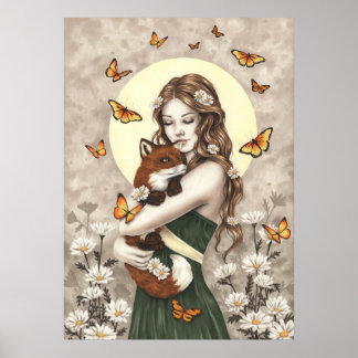 Poster Dans le jardin fille avec renard et papillons