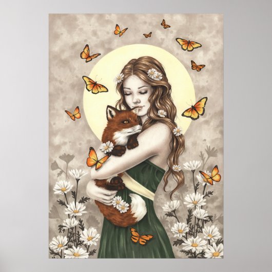 Poster Dans le jardin fille avec renard et papillons (Devant)