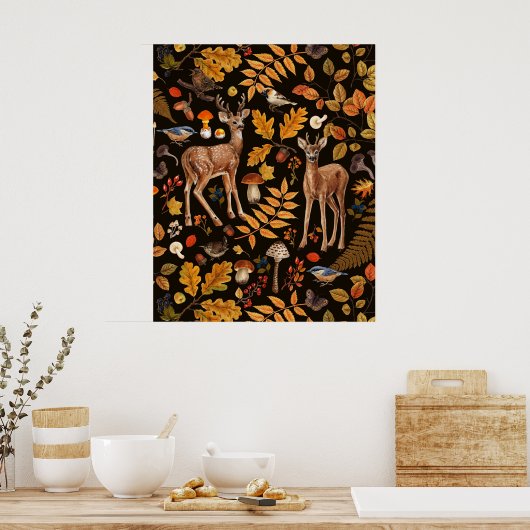 Poster Dans les bois / Cerf d'automne sur noir (Cuisine)
