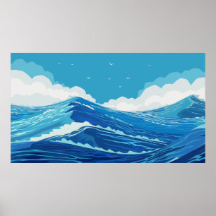 Poster Dans l'océan. Belles grandes vagues et bleu