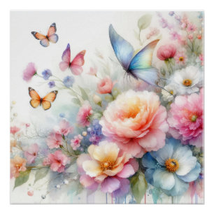 Poster Danse de fleurs et de papillons à l'aquarelle