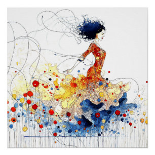 Poster Danseuse de flamenco en mouvement multicolore flui