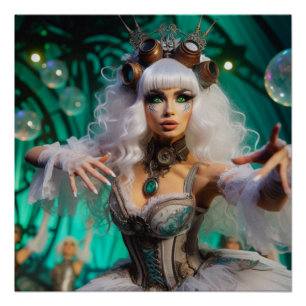 Poster Danseuse victorienne futuriste Steampunk verte