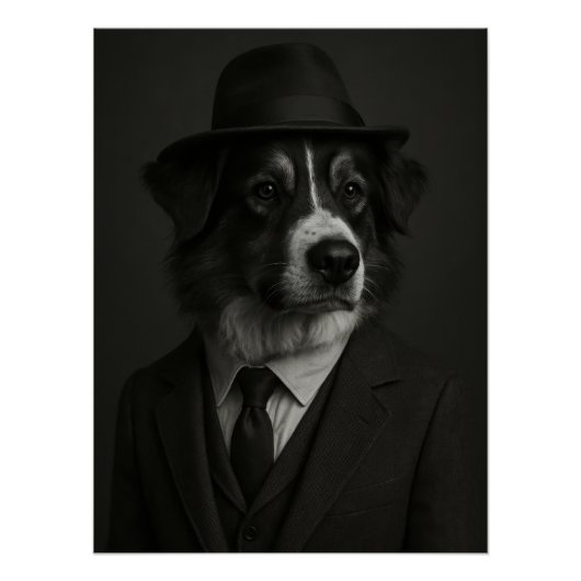 Poster Dapper Australian Shepherd Dog in Suit and Hat (Devant)