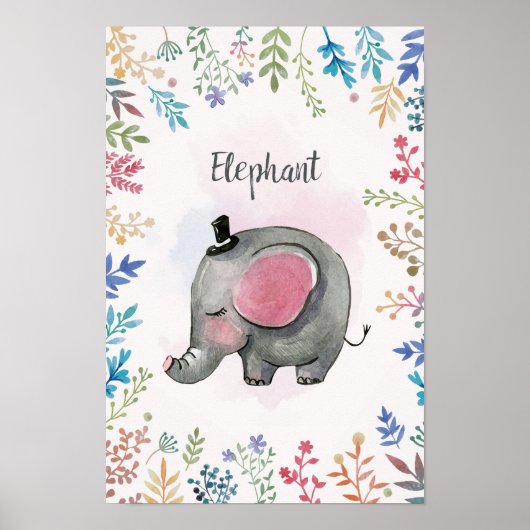 Poster d'aquarelle à cadre fleuri éléphant (Devant)
