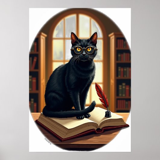 Poster Dark Academia Chat Bibliophile Lunettes Lecteur Cu (Devant)