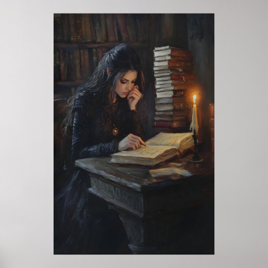 Poster Dark Academia Girl Reading Art Gothic Library Cand (Devant)