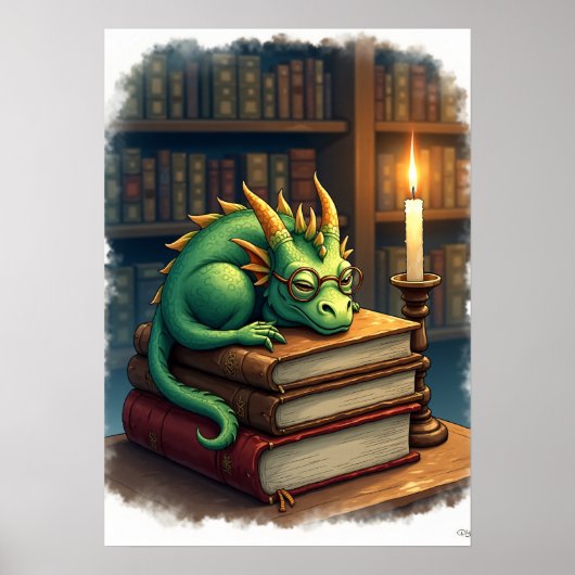 Poster Dark Academia Reading Dragon Sticker Bookworm Slee (Devant)