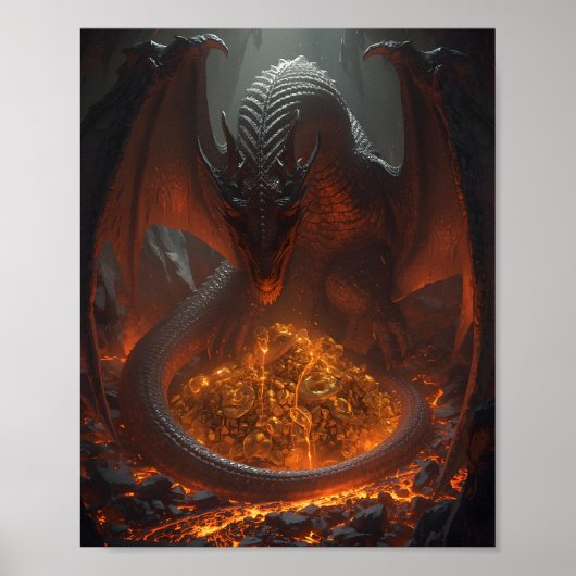 Poster Dark Fire Dragon Guarding Treasure – Fantasy Art (Devant)