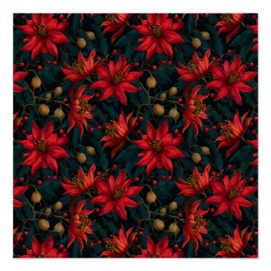 Poster Dark Red Christmas Floral Pattern (Devant)