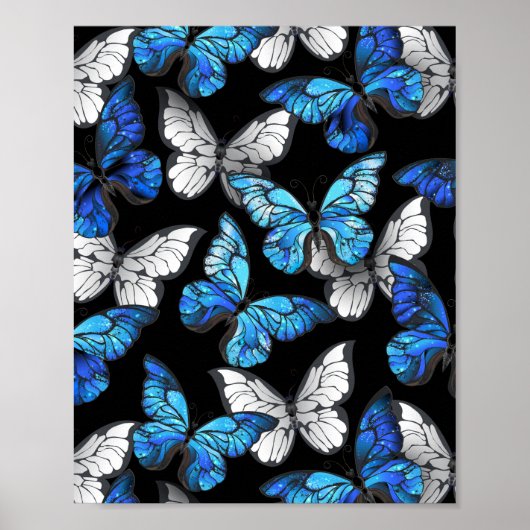 Poster Dark Seamless Pattern with Blue Butterflies Morpho (Devant)