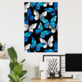 Poster Dark Seamless Pattern with Blue Butterflies Morpho (Bureau à domicile)