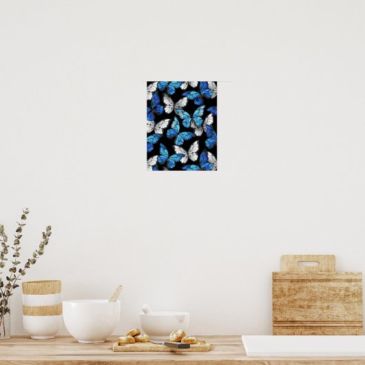 Poster Dark Seamless Pattern with Blue Butterflies Morpho (Cuisine)