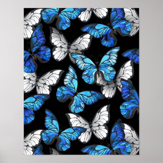 Poster Dark Seamless Pattern with Blue Butterflies Morpho (Devant)