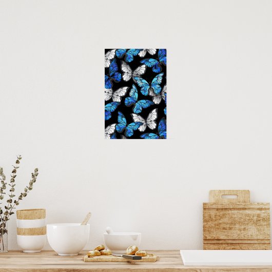 Poster Dark Seamless Pattern with Blue Butterflies Morpho (Cuisine)
