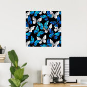 Poster Dark Seamless Pattern with Blue Butterflies Morpho (Bureau à domicile)