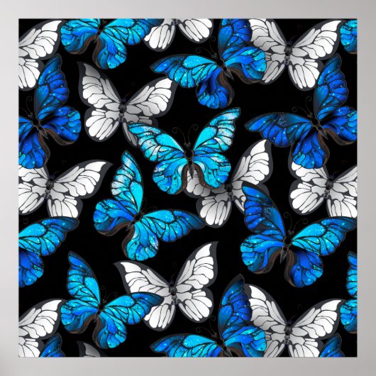 Poster Dark Seamless Pattern with Blue Butterflies Morpho (Devant)