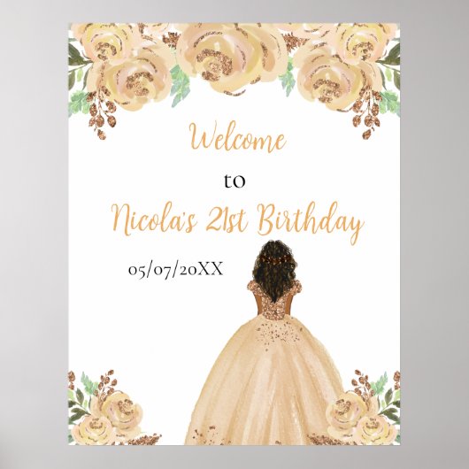 Poster Dark Skin Princess Peach Floral Birthday Welcome (Devant)
