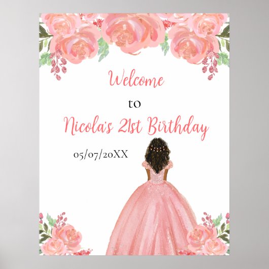 Poster Dark Skin Princess Pink Floral Birthday Welcome (Devant)