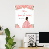 Poster Dark Skin Princess Pink Floral Birthday Welcome (Bureau à domicile)
