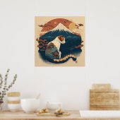 Poster d'art de chat de style japonais - Rouge et  (Cuisine)