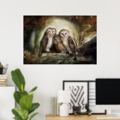 Poster d'art de la Lune à trois hiboux / Imprimer (Bureau à domicile)