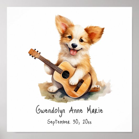 Poster d'art de la pépinière Chiot avec guitare (Devant)