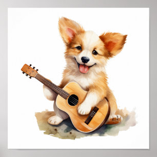 Poster d'art de la pépinière Chiot avec une guitar