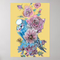 Poster d'art de l'aquarelle bleu Budgie rouge rose