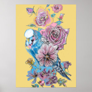 Poster d'art de l'aquarelle bleu Budgie rouge rose