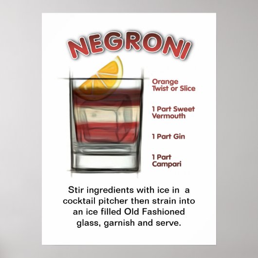 Poster d'art de recettes de cocktails NEGRONI 18"  (Devant)