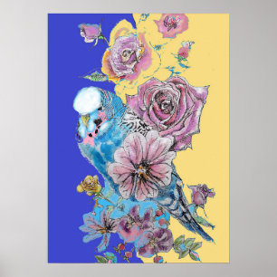Poster d'art en aquarelle bleu Budgie & Red Rose N
