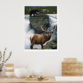 Poster d'art faunique Elk & Black Bears (Cuisine)