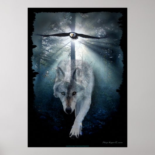 Poster d'art faunique Wolf, Eagle et Forêt (Devant)