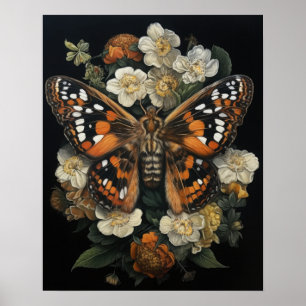 Poster D'Art Gothique Moth Et Fleurs