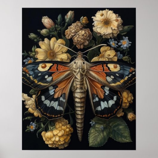 Poster D'Art Gothique Moth Et Fleurs (Devant)