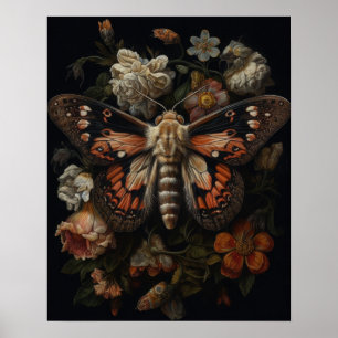 Poster D'Art Gothique Moth Et Fleurs