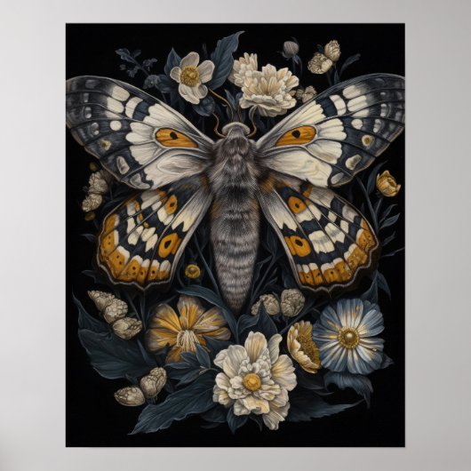 Poster D'Art Gothique Moth Et Fleurs (Devant)