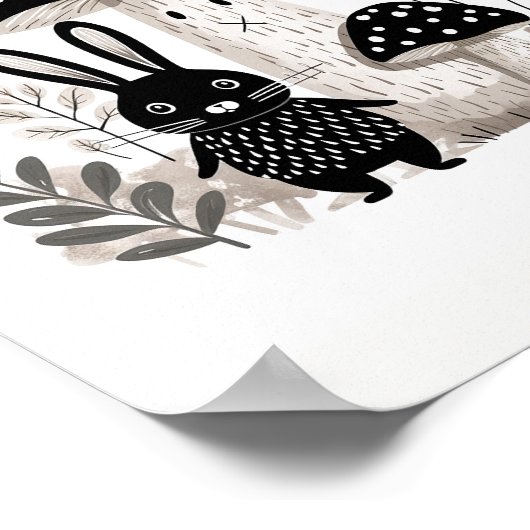 Poster d'art lapin folk scandinave & champignons (Coin)