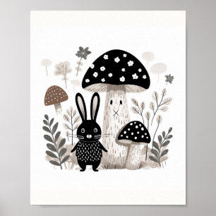 Poster d'art lapin folk scandinave & champignons