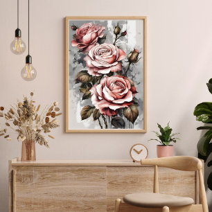 Poster d'Art Moderne Floral Trois Roses Rose