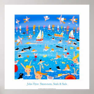 Poster d'art : nageurs, phoques et voiles.